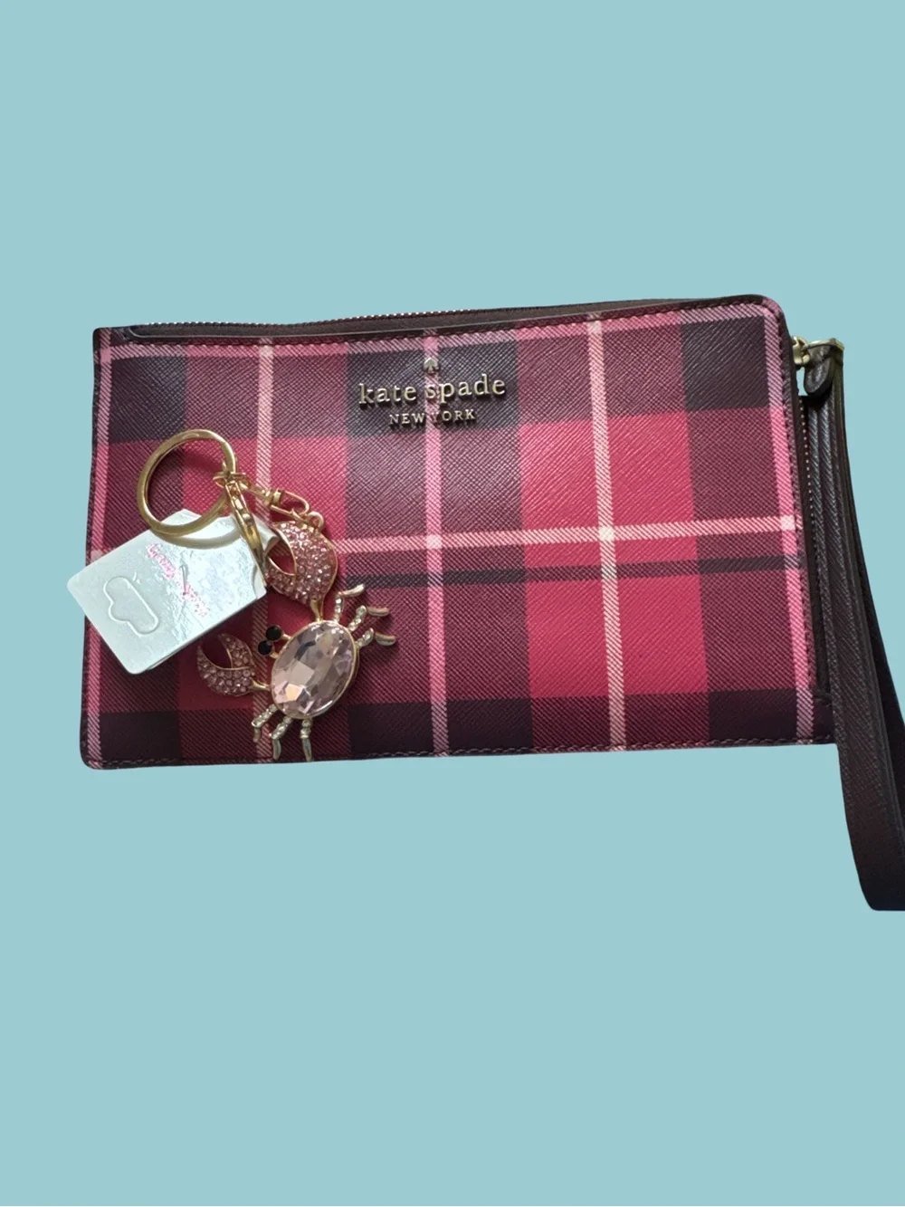 kate spade Pink Plaid Wristlet Clutch with bag charm - Picture 2 of 2